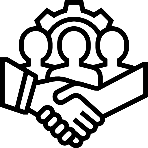 Icon depicting shaking hands while outline of 3 people are there in the background
